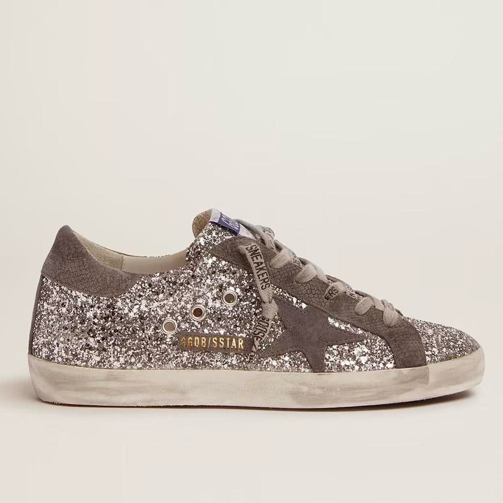 Golden Goose Super-Star Sneakers In Silver Glitter And Dark Gray Suede Size 37/7